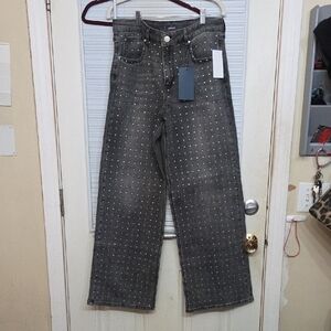 Elegant Gray Studded Flare Jeans